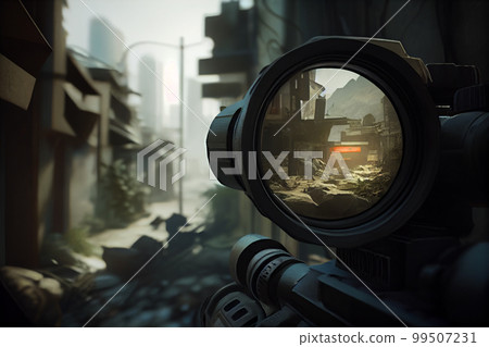 A shooter sighting in the target. 99507231