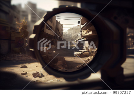 A shooter sighting in the target. 99507237