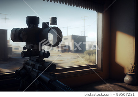 A shooter sighting in the target. A shooter sighting in the target. 99507251