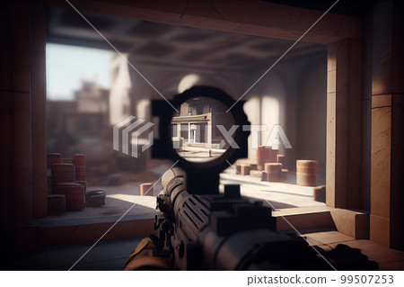 A shooter sighting in the target. 99507253