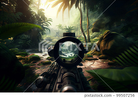 A shooter sighting in the target. A shooter sighting in the target. 99507256