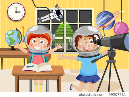 Room scene with kids observing sky 99507281