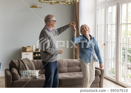 Happy active retired older couple training social dance at home Happy active retired older couple training social dance at home 99507618
