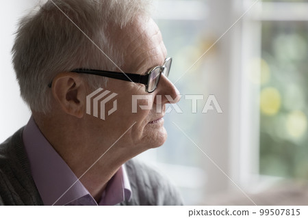 Thoughtful elder senior pensioner man in glasses looking at window Thoughtful elder senior pensioner man in glasses looking at window 99507815