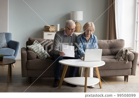 Focused couple of older senior pensioners checking domestic financial papers 99508099