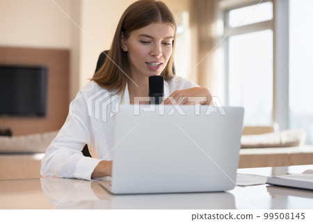 Engaged professional speaker girl woman broadcasting on air Engaged professional speaker girl woman broadcasting on air 99508145