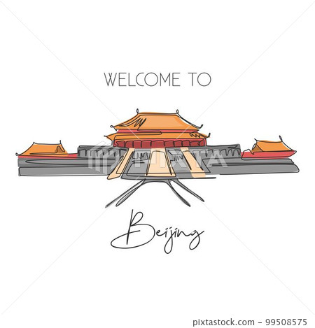 One single line drawing Forbidden City landmark. World iconic place in Beijing China. Tourism travel postcard home art wall decor poster concept. Modern continuous line draw design vector illustration One single line drawing Forbidden City landmark. World iconic place in Beijing China. Tourism travel postcard home art wall decor poster concept. Modern continuous line draw design vector illustration 99508575