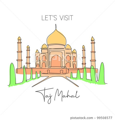 One single line drawing Taj Mahal mosque landmark. World iconic place in Agra, India. Tourism travel postcard wall decor home art poster concept. Modern continuous line draw design vector illustration One single line drawing Taj Mahal mosque landmark. World iconic place in Agra, India. Tourism travel postcard wall decor home art poster concept. Modern continuous line draw design vector illustration 99508577