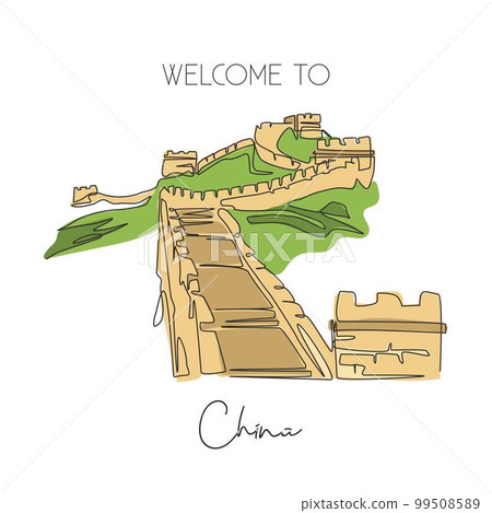 Single continuous line drawing Great Wall of Badaling landmark. Beauty famous place in Beijing, China. World wall decor home art poster print travel concept. One line draw design vector illustration 99508589