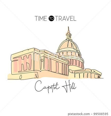 Single continuous line drawing Capitol Hill landmark. Iconic famous place in Washington DC, USA. World travel home wall decor art poster print concept. Modern one line draw design vector illustration 99508595