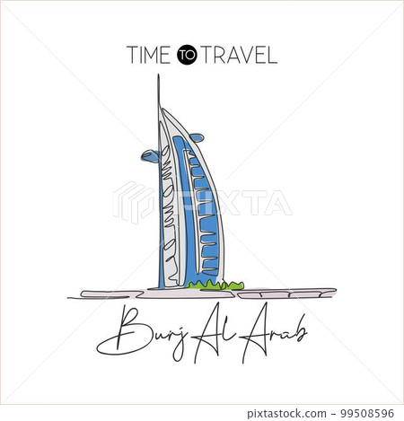 Single continuous line drawing of welcome to Burj Al Arab landmark. Dubai, United Arab of Emirates famous place. Home decor wall art poster print. Vector illustration 99508596