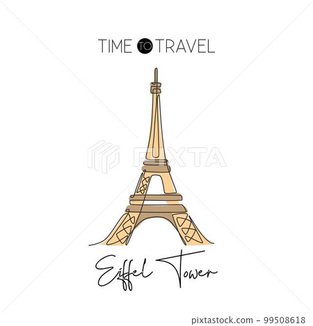 One continuous line drawing Eiffel Tower. Romantic iconic place in Paris, France. Holiday vacation home decor wall art poster print concept. Modern single line draw design graphic vector illustration 99508618