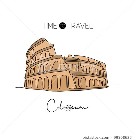 One continuous line drawing Colosseum amphitheater landmark. Historical iconic place in Rome. Holiday vacation home wall decor poster print concept. Modern single line draw design vector illustration One continuous line drawing Colosseum amphitheater landmark. Historical iconic place in Rome. Holiday vacation home wall decor poster print concept. Modern single line draw design vector illustration 99508623