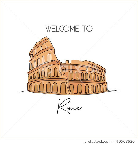 Single continuous line drawing Colosseum amphitheater. Iconic landmark place in Rome, Italy. World travel home decor wall art poster print concept. Modern one line draw design vector illustration 99508626