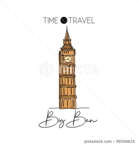 Single one line drawing Big Ben clock tower. Wall decor home art poster print of iconic place in London. Tourism and travel postcard concept. Modern continuous line draw design vector illustration 99508628
