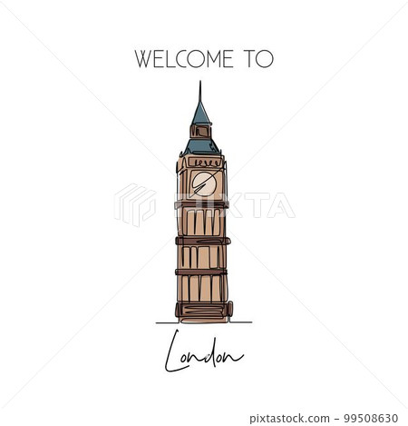 One continuous line drawing of welcome to Big Ben clock tower landmark. Beautiful iconic place in London. Home decor wall art poster print concept. Modern single line draw design vector illustration One continuous line drawing of welcome to Big Ben clock tower landmark. Beautiful iconic place in London. Home decor wall art poster print concept. Modern single line draw design vector illustration 99508630