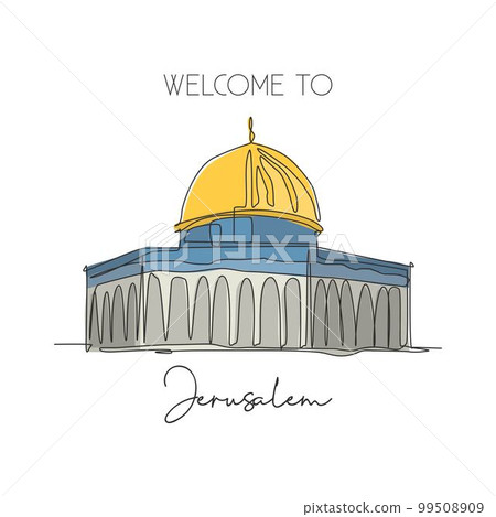 One single line drawing Dome of the Rock, Al Aqsa mosque landmark. Famous iconic in Jerusalem. Tourism postcard home wall decor poster concept. Modern continuous line draw design vector illustration One single line drawing Dome of the Rock, Al Aqsa mosque landmark. Famous iconic in Jerusalem. Tourism postcard home wall decor poster concept. Modern continuous line draw design vector illustration 99508909