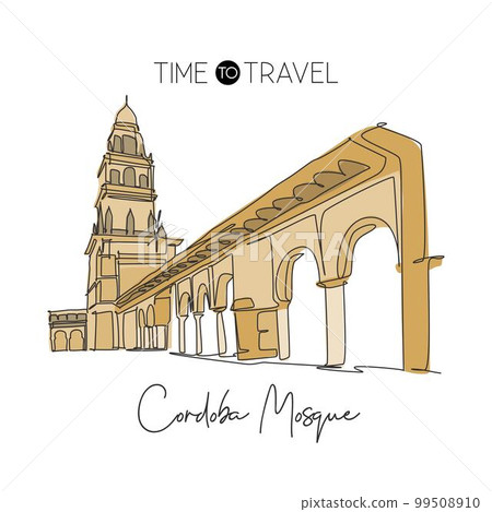 Single continuous line drawing Great Mosque of Cordoba landmark. Famous place in Andalusia, Spain. World travel campaign wall decor print art concept. Dynamic one line draw design vector illustration Single continuous line drawing Great Mosque of Cordoba landmark. Famous place in Andalusia, Spain. World travel campaign wall decor print art concept. Dynamic one line draw design vector illustration 99508910