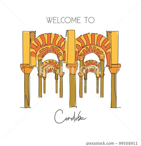 One continuous line drawing Cordoba Mosque or Mezquita landmark. Beautiful place at Andalusia, Spain. Holiday vacation wall decor poster art concept. Trendy single line draw design vector illustration One continuous line drawing Cordoba Mosque or Mezquita landmark. Beautiful place at Andalusia, Spain. Holiday vacation wall decor poster art concept. Trendy single line draw design vector illustration 99508911