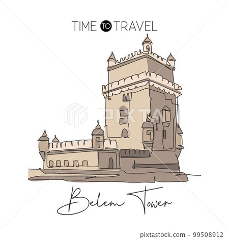 One single line drawing Belem Tower landmark. World famous iconic place in Lisbon, Portugal. Tourism travel postcard home wall decor art concept. Modern continuous line draw design vector illustration 99508912
