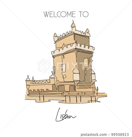 Single continuous line drawing Belem Tower landmark. Famous place in Lisbon, Portugal. World travel home wall decor art poster print campaign concept. Dynamic one line draw design vector illustration Single continuous line drawing Belem Tower landmark. Famous place in Lisbon, Portugal. World travel home wall decor art poster print campaign concept. Dynamic one line draw design vector illustration 99508913