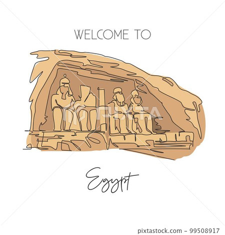 One single line drawing Abu Simbel landmark. Famous iconic in Egyptian village Nubia. Tourism travel postcard home wall decor art poster concept. Modern continuous line draw design vector illustration One single line drawing Abu Simbel landmark. Famous iconic in Egyptian village Nubia. Tourism travel postcard home wall decor art poster concept. Modern continuous line draw design vector illustration 99508917