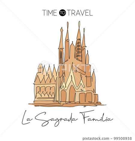Depok, Indonesia - August 7, 2019: Single continuous line drawing of Basilica de la Sagrada Familia landmark. Beautiful famous place in Barcelona, Spain. World travel tour. Vector graphic illustration 99508938