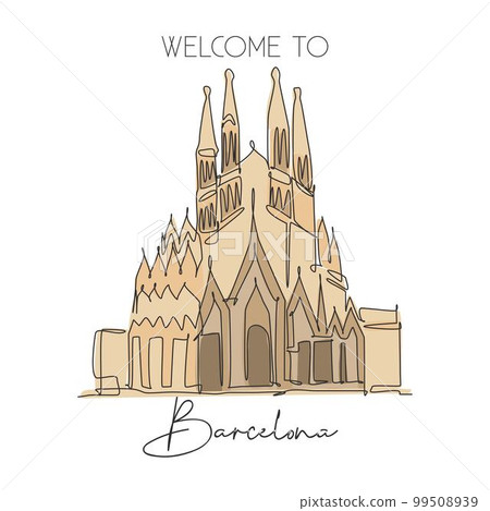Depok, Indonesia - August 7, 2019: One single line drawing of welcome to Basilica de la Sagrada Familia landmark. World famous place in Barcelona, Spain. Tourism travel postcard. Vector illustration Depok, Indonesia - August 7, 2019: One single line drawing of welcome to Basilica de la Sagrada Familia landmark. World famous place in Barcelona, Spain. Tourism travel postcard. Vector illustration 99508939