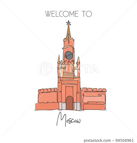 One single line drawing Spasskaya Tower landmark. World famous place in Moscow, Russia. Tourism travel postcard wall decor poster print concept. Modern continuous line draw design vector illustration One single line drawing Spasskaya Tower landmark. World famous place in Moscow, Russia. Tourism travel postcard wall decor poster print concept. Modern continuous line draw design vector illustration 99508961