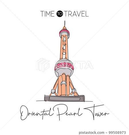 Depok, Indonesia - August 6, 2019: Single continuous line drawing Oriental Pearl Tower landmark. Beautiful place in Shanghai, China. World travel wall decor poster print concept. Vector illustration Depok, Indonesia - August 6, 2019: Single continuous line drawing Oriental Pearl Tower landmark. Beautiful place in Shanghai, China. World travel wall decor poster print concept. Vector illustration 99508973