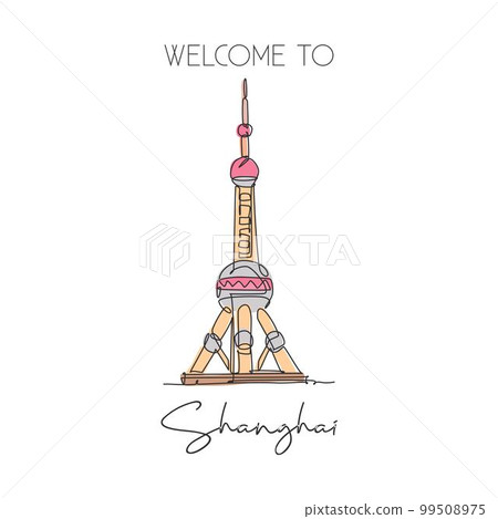 Depok, Indonesia - August 6, 2019: One single line drawing Oriental Pearl Tower landmark. World famous place in Shanghai, China. Tourism travel postcard wall decor poster concept. Vector illustration 99508975