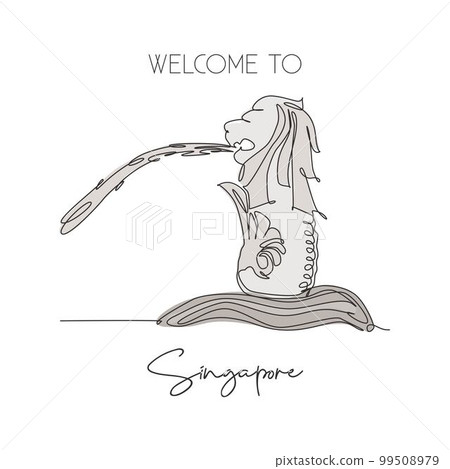 Depok, Indonesia-August 6, 2019: One continuous line drawing Merlion fountain landmark. World iconic place in Singapore. Holiday vacation home wall decor poster art print concept. Vector illustration 99508979
