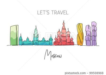 One single line drawing of Moscow city skyline, Russia. Historical town landscape in world. Best holiday destination wall decor. Editable stroke trendy continuous line draw design vector illustration 99508988