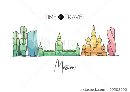 Single continuous line drawing of Moscow city skyline, Russia. Famous city scraper and landscape. World travel concept home wall decor poster print art. Modern one line draw design vector illustration 99508990