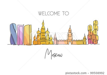 One continuous line drawing of Moscow city skyline, Russia. Beautiful landmark. World landscape tourism travel vacation wall decor art poster print. Stylish single line draw design vector illustration One continuous line drawing of Moscow city skyline, Russia. Beautiful landmark. World landscape tourism travel vacation wall decor art poster print. Stylish single line draw design vector illustration 99508992