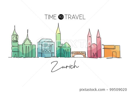 Single continuous line drawing of Zurich city skyline, Switzerland. Famous skyscraper landscape postcard. World travel concept home wall decor poster. Modern one line draw design vector illustration Single continuous line drawing of Zurich city skyline, Switzerland. Famous skyscraper landscape postcard. World travel concept home wall decor poster. Modern one line draw design vector illustration 99509020