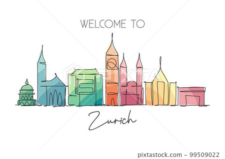 One continuous line drawing of Zurich city skyline, Switzerland. Beautiful skyscraper. World landscape tourism travel home wall decor poster print. Stylish single line draw design vector illustration 99509022