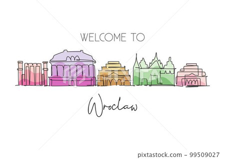 One continuous line drawing of Wroclaw city skyline Poland. Beautiful skyscraper. World landscape tourism travel vacation wall decor poster concept. Stylish single line draw design vector illustration One continuous line drawing of Wroclaw city skyline Poland. Beautiful skyscraper. World landscape tourism travel vacation wall decor poster concept. Stylish single line draw design vector illustration 99509027