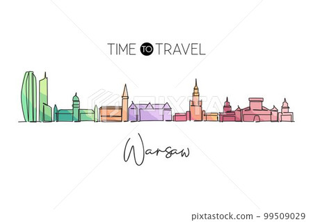 Single continuous line drawing Warsaw city skyline, Poland. Famous skyscraper landscape postcard. World travel wall decor art poster concept. Editable modern one line draw design vector illustration 99509029