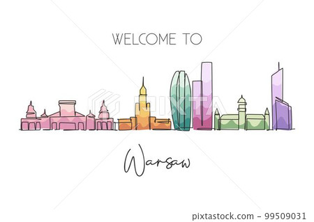 One single line drawing of Warsaw city skyline, Poland. Historical skyscraper landscape in world. Best holiday destination wall decor poster art. Trendy continuous line draw design vector illustration One single line drawing of Warsaw city skyline, Poland. Historical skyscraper landscape in world. Best holiday destination wall decor poster art. Trendy continuous line draw design vector illustration 99509031