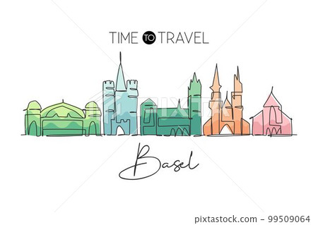 Single continuous line drawing of Basel city skyline Switzerland. Famous skyscraper landscape postcard. World travel wall decor poster concept. Editable modern one line draw design vector illustration 99509064