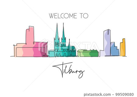 One single line drawing Tilburg city skyline Netherlands. Historical landscape in world postcard. Best holiday destination wall decor poster art. Trendy continuous line draw design vector illustration One single line drawing Tilburg city skyline Netherlands. Historical landscape in world postcard. Best holiday destination wall decor poster art. Trendy continuous line draw design vector illustration 99509080