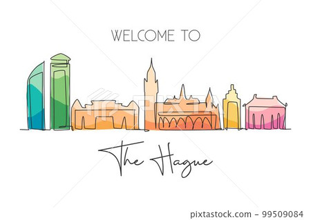 Single continuous line drawing of The Hague city skyline, Netherlands. Famous skyscraper landscape postcard. World travel wall decor poster art concept. Modern one line draw design vector illustration 99509084