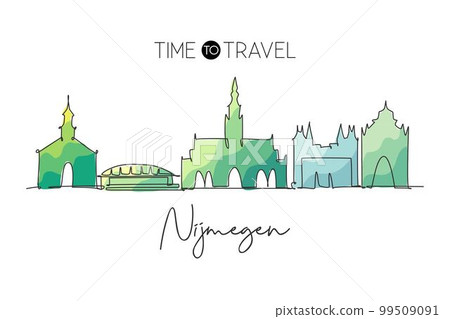 One continuous line drawing of Nijmegen city skyline, Netherlands. Beautiful skyscraper. World landscape tourism travel vacation wall decor poster print. Single line draw design vector illustration One continuous line drawing of Nijmegen city skyline, Netherlands. Beautiful skyscraper. World landscape tourism travel vacation wall decor poster print. Single line draw design vector illustration 99509091