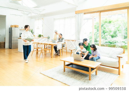 Three-generation family relaxing in the living room Three-generation family relaxing in the living room 99509338