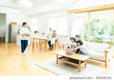 Three-generation family relaxing in the living room Three-generation family relaxing in the living room 99509339