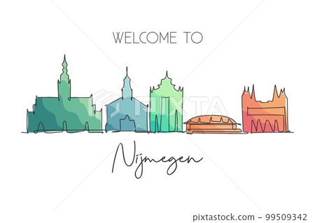 Single continuous line drawing of Nijmegen city skyline, Netherlands. Famous skyscraper and landscape postcard. World travel wall decor poster concept. Modern one line draw design vector illustration Single continuous line drawing of Nijmegen city skyline, Netherlands. Famous skyscraper and landscape postcard. World travel wall decor poster concept. Modern one line draw design vector illustration 99509342