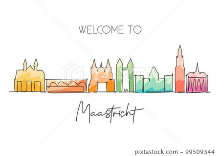One single line drawing of Maastricht city skyline, Netherlands. Historical skyscraper landscape in world. Best holiday destination wall decor poster. Continuous line draw design vector illustration One single line drawing of Maastricht city skyline, Netherlands. Historical skyscraper landscape in world. Best holiday destination wall decor poster. Continuous line draw design vector illustration 99509344