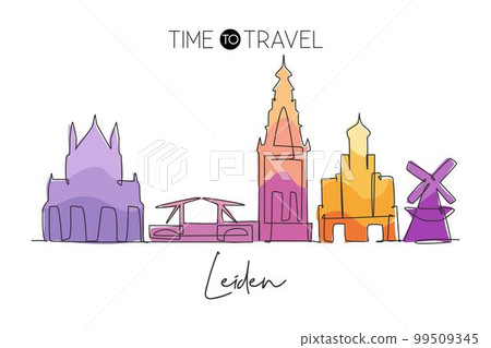 One single line drawing of Leiden city skyline, Netherlands. Historical skyscraper landscape in world. Best holiday destination wall decor poster print. Continuous line draw design vector illustration One single line drawing of Leiden city skyline, Netherlands. Historical skyscraper landscape in world. Best holiday destination wall decor poster print. Continuous line draw design vector illustration 99509345