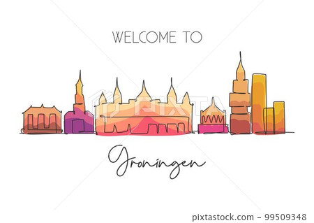 One single line drawing of Groningen city skyline, Netherlands. Historical skyscraper landscape in world. Best holiday destination wall decor poster. Continuous line draw design vector illustration 99509348